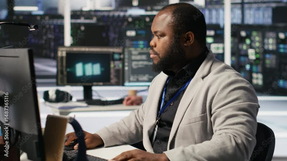 Poster cheerful data center admin pleased after finalizing neural network software build upgrade. joyous se