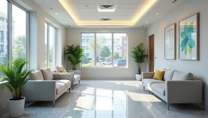 Clean, modern doctor's waiting room with comfortable seating, relaxing, reception