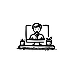 Digital Workspace Doodle: Man at Computer with Plants and Office Supplies