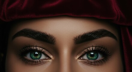 Close-up Portrait: Emerald Eyes Under a Velvet Hood