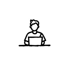 Monochrome depiction of a person working on a laptop in line drawing