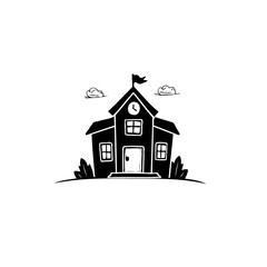 Whimsical monochrome schoolhouse illustration evokes childhood nostalgia and learning