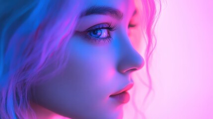 Fototapeta premium Young woman portrait with colorful lighting showcasing beauty, confidence, and modern lifestyle, featuring vibrant colors and artistic photography techniques.