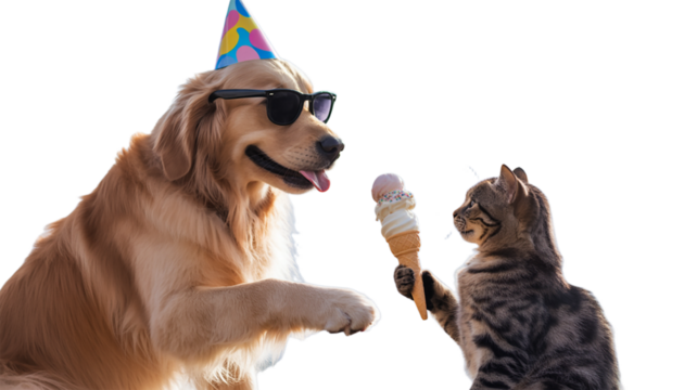 A golden retriever and cat celebrate birthday with ice cream cone together - Powered by Adobe