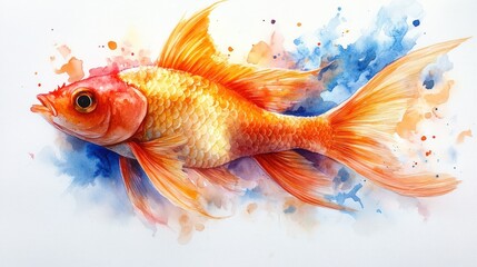 Fototapeta premium Watercolor goldfish illustration. Vibrant orange and gold scales, detailed fins, against a backdrop of colorful, abstract watercolors