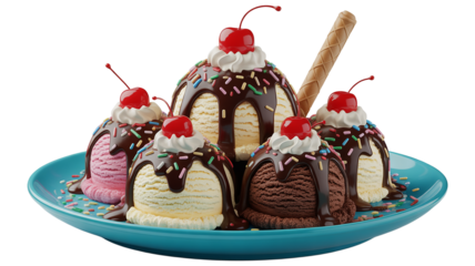Delicious ice cream sundae with cherries whipped cream chocolate sauce and sprinkles on a blue plate