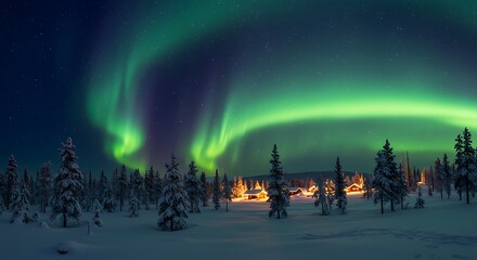 Majestic aurora borealis over snowy forest