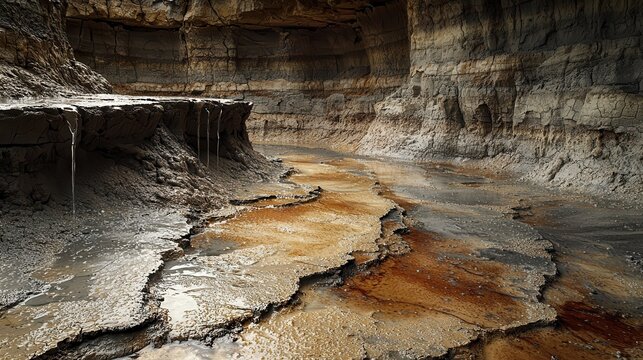 Badlands clay formations displayed in detail with rain-dampened surface revealing layered sedimentary structure in ochre and gray tones with water seeping through mineral-rich strata