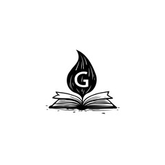 Stylized open book with a flame containing the letter G in black and white