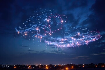 A drone show forming patriotic shapes in the night sky