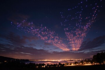 A drone show forming patriotic shapes in the night sky