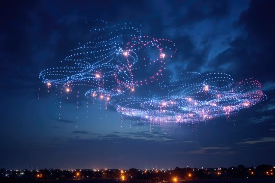 A drone show forming patriotic shapes in the night sky