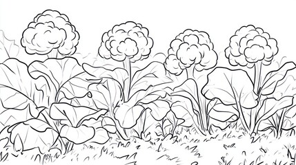 Cauliflower plants in a garden, black and white line drawing.  Possible use  Illustrations, educational materials, etc.