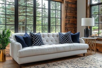 Modern living room with white sofa, navy and black geometric pillows, wood accent wall, gold-legged side table, modern lamp, and natural light from large windows