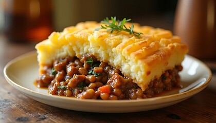 Serving of Savory Shepherd's Pie Topped with Fresh Rosemary