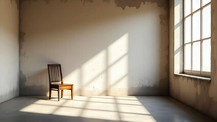 Minimalist Rustic Room with Wooden Chair and Sunlit Concrete Floor in Vintage Interior