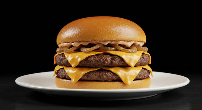Isolated double cheeseburguer with onio on plate in dark background