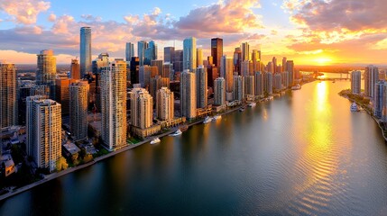 Fototapeta premium City Skyline Over River at Sunset