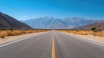 A straight, endless highway cuts through the barren desert, flanked by distant mountains under a clear blue sky.
