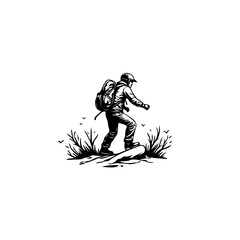Monochrome depiction of a solo hiker navigating a rocky terrain with zeal