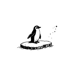 Isolated penguin on ice floe with shimmering stars, minimalist monochrome sketch