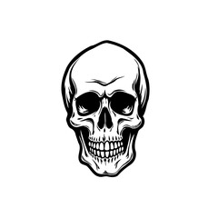 Monochrome vector illustration depicting a stylized human skull design