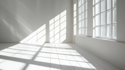 Obraz premium Bright Sunlight Illuminates Empty White Room with Large Windows