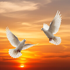 Obraz premium Two White Doves Sunset: Peace, Hope, Freedom Image on transparent background