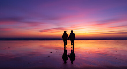 Naklejka premium Couple Walking on Beach at Sunset with Reflections