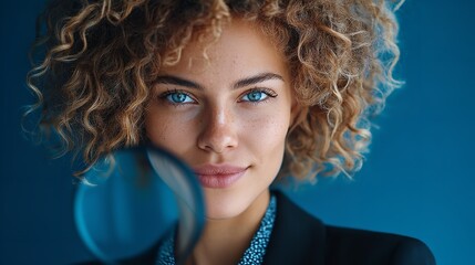 Curly-Haired Woman with Magnifying Glass – Intense Detective Gaze