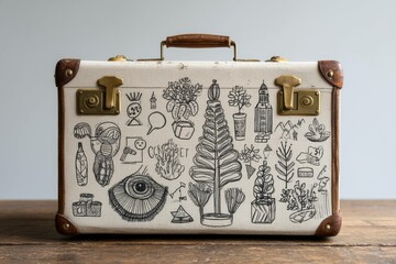 A vintage suitcase packed with symbols of goals, growth, and intention