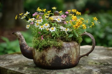 A vintage teapot repurposed as a planter with wildflowers