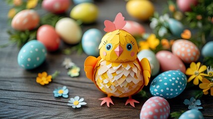 A whimsical paper chick surrounded by pastel Easter eggs evokes springtime joy with soft focus and a natural