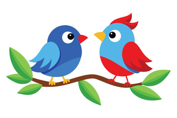 Cartoon birds rest sweetly together upon a leafy branch in simplistic form