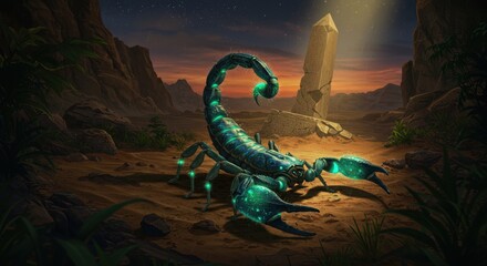 Obraz premium Glowing Scorpion in Ancient Ruins: A Digital Painting of a Mystical Desert Creature