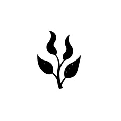 Stylized botanical illustration featuring dark, elegant leaf shapes in minimalist composition