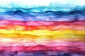Soft pastel rainbow watercolor background with horizontal wavy lines blending light blue, pink, and yellow, dreamy and playful pattern for creative design projects