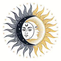 Create a bold vector illustration of a solar eclipse, featuring strong black strokes and a vibrant, contrasting background.  Include detailed sun and moon elements.