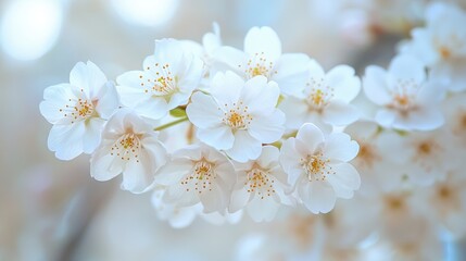 Close up of Delicate White Cherry Blossoms in Soft Focus