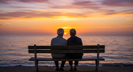 Obraz premium Couple Sitting on Bench Watching Ocean Sunset