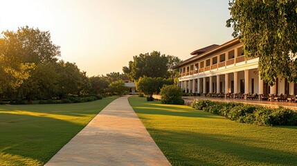 Fototapeta premium Retro-style luxury resort bathed in bright sunlight, exuding elegance and tranquility, Capture the peaceful ambiance and sparkling details from a hidden observers perspective.