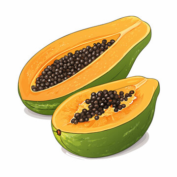 sliced papaya fruit, green, orange, seeds clip art preview