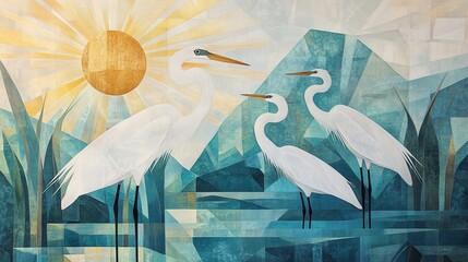 Three white herons stand in water with mountains and sun in background.