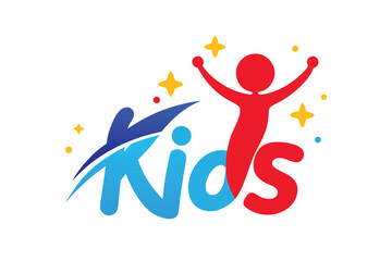 Naklejka premium Cheerful word 'Kids' logo in blue and red features jumping character and stars