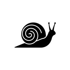 Simple black silhouette of a snail with a spiral shell and prominent antennae, facing right. Ideal for logos, icons, or nature-themed designs. Clean and minimalist.