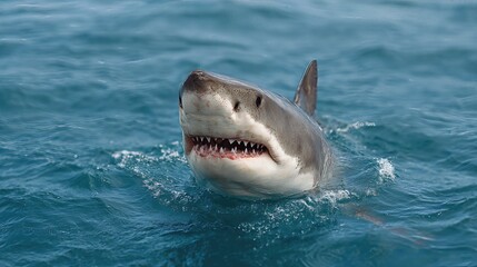 Naklejka premium With jaws slightly open, the shark emerges from the ocean depths in a dramatic display of strength. 