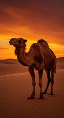 Majestic Camel at Sunset in the Arabian Desert: A Breathtaking Silhouette Against the Fiery Sky