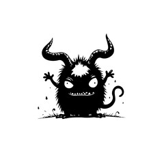 Whimsical Horned Creature Illustration with Playful Attitude in Black and White