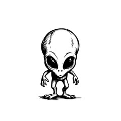 Monochrome Sketch of a Friendly Alien Encounter from Outer Space Depiction