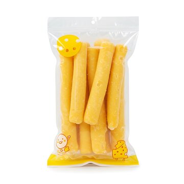frozen cheese sticks in resealable pack with branding space, isolated on white background